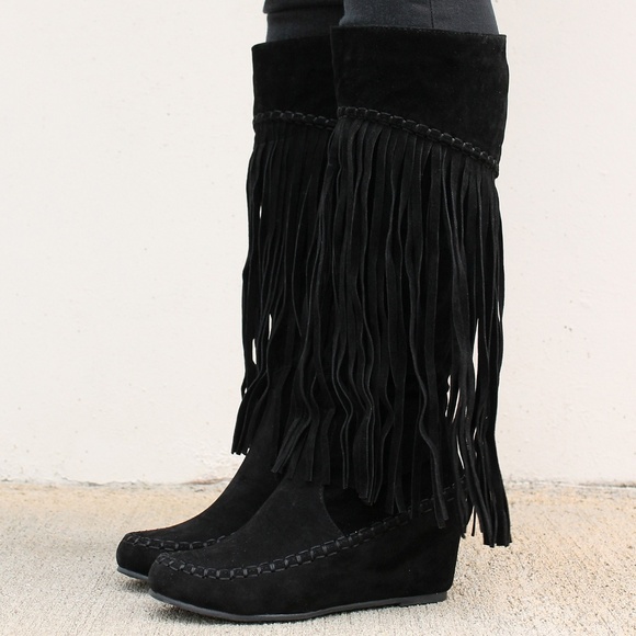 Nature Breeze Bridget Moccasin Boots – Knee-High Fringe Boots With Wedge Heel, Synthetic Suede - View #3